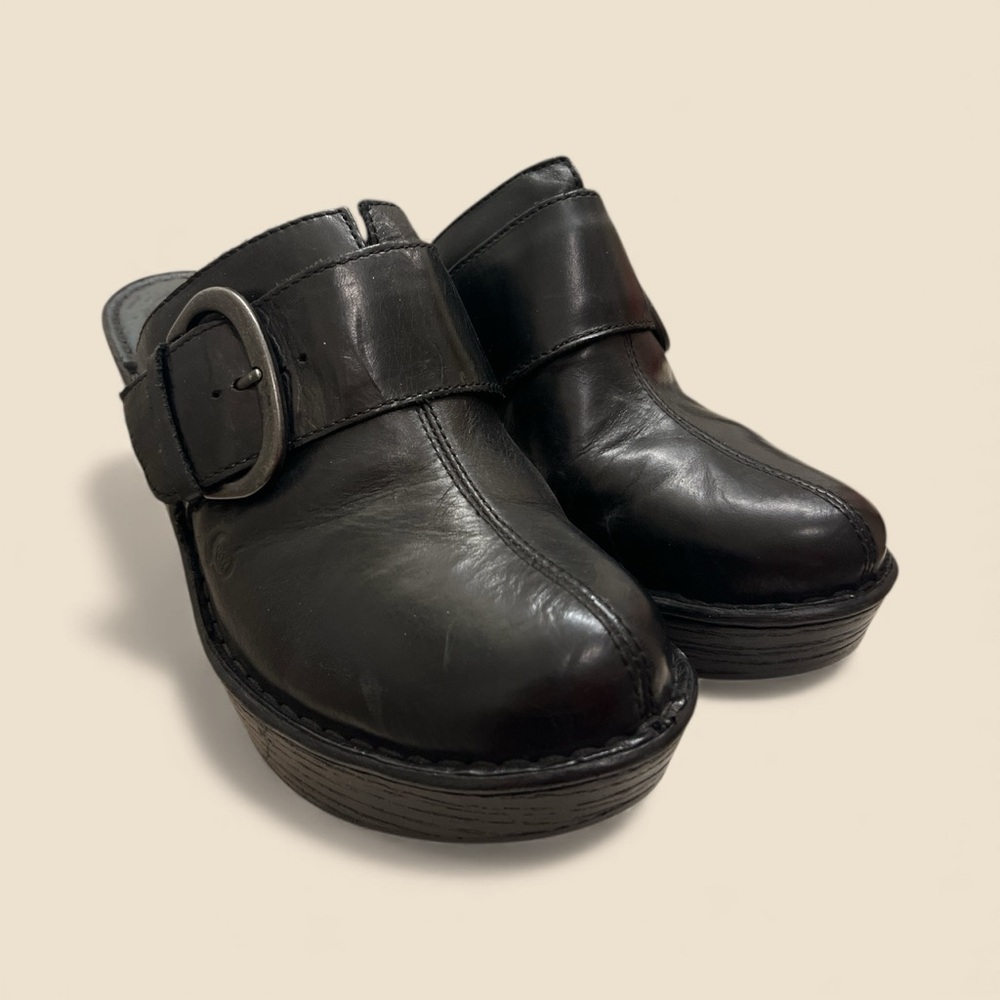NEW Black Leather Biker Clogs 3.5 Chunky Heel Buckle Moto Platform Shoes Sz 8 - Picture 4 of 14
